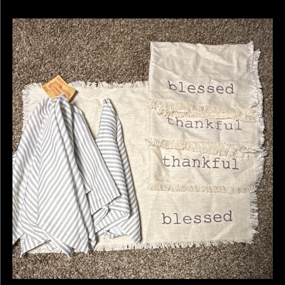 4 burlap style placemats with 4 grey and white stripped cotton napkins